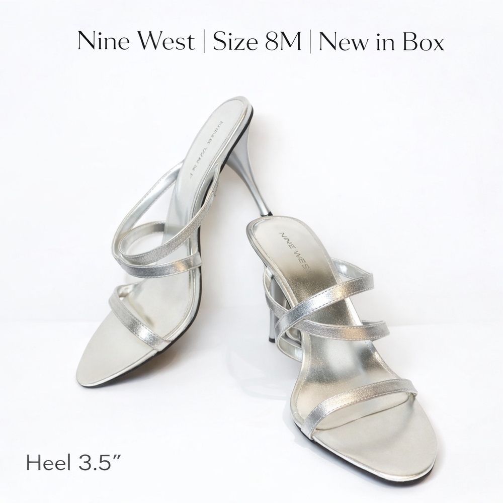 Nine West Silver Leather Strappy Mule Heels 8M 3.5” Heel Slip On Sandals